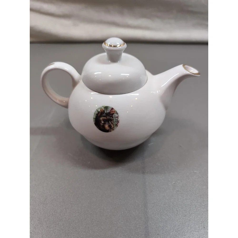 English Bone China Tea for One Set Yorkshire Terrier Yorkie & Kittens Gold Trim